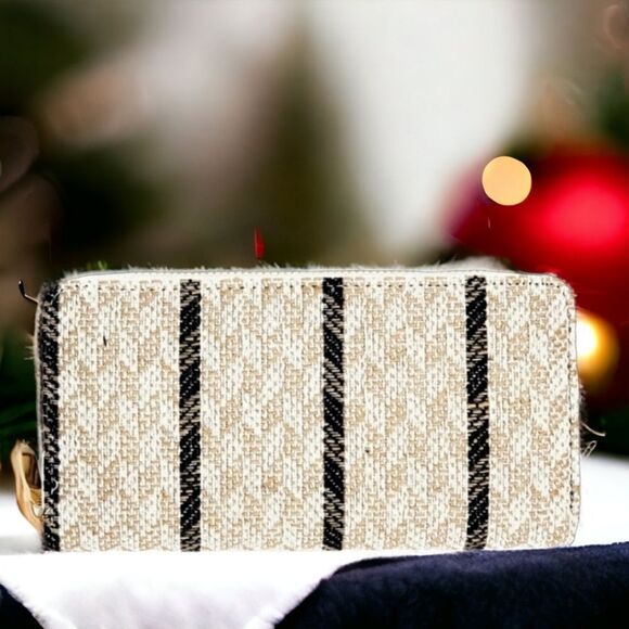 Black and Cream Color Woven and Vegan Leather Wallet - Picture 1 of 6